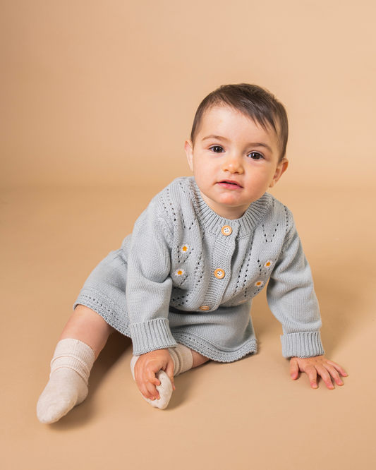 Set Vestito e Cardigan in Cotone con Ricamo Floreale