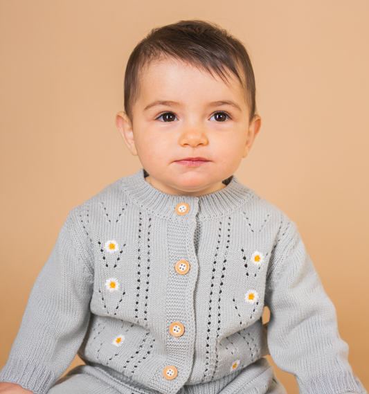Set Vestito e Cardigan in Cotone con Ricamo Floreale